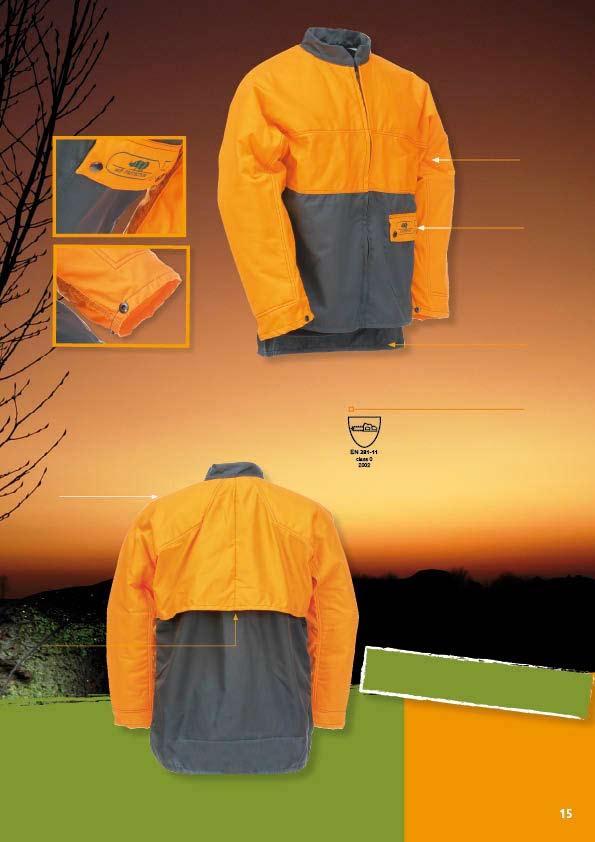 Arm protection Patched pocket Enlarged back tail 1SJ1 FORESTRY PROTECTIVE JACKET Protection according the European standard EN 381-11 Class 0 Shoulder protection Full arm and shoulder protection /