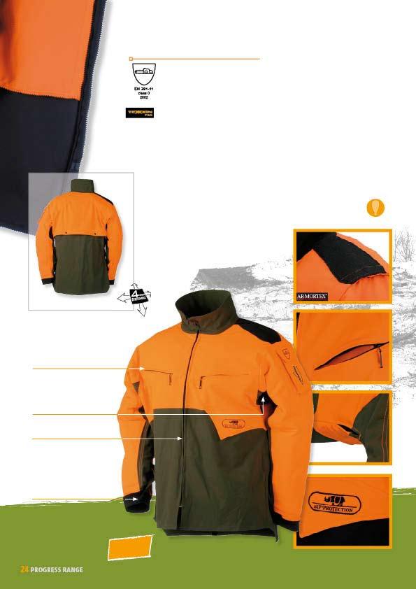 1SJP FORESTRY JACKET WITH CHAIN SAW PROTECTION Protection conform to the European standard EN 381-11 Class 0 Exterior fabric: strong stretch Ribstop CORDURA / ARMORTEX reinforcement at the shoulders