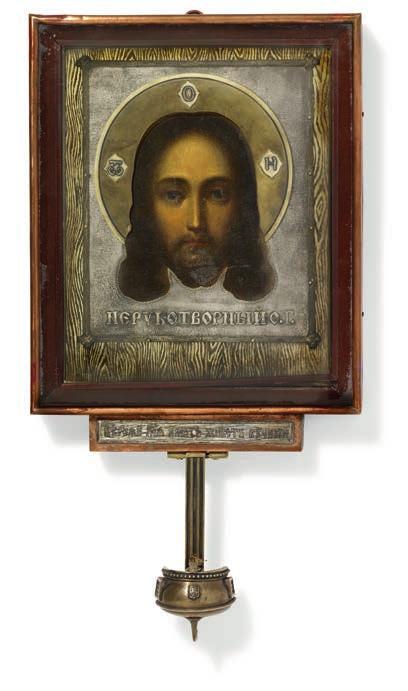 764 764 IVAN SEMENOVICH GUBKIN, MOSCOW 1908-1917 A Russian Christ Pantocrator icon, tempera on wood panel covered by silver-gilt oklad and