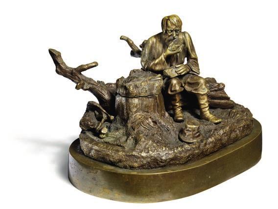826 EVGENY IVANOVICH NAPS, RUSSIAN ARTIST, 19TH CENTURY A Russian gilt and patinated bronze sculpture depicting a Russian in the forrest; wooden stump in the form of an ink well. Signed E.