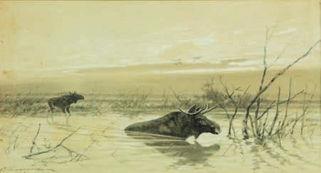701 EFIM A. TIKHMENEV b. Sumy, Ukraine 1869, d. Orenburg 1934 701 Russian autumn landscape with two elks in the river. Signed E.