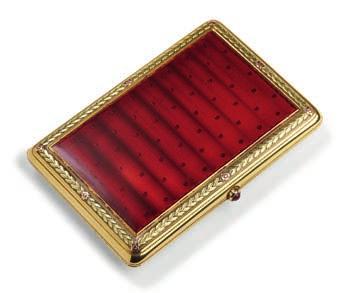 PETERSBURG 1896-1903 A Russian Fabergé gold cigarette case, decorated with translucent Royal red enamel on guilloched ground with waves and pellets, surrounded by leaves, lock with a pink glass stone.