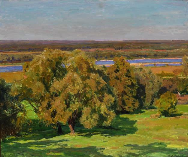 703 703 CD ALEKSEI MIKHAILOVICH GRITSAI b. St. Petersburg 1914, d. Moscow 1997 "August on the Oka River". Russian spring landscape from Western Russia. Signed A. Gritsai (in Cyrillic). Oil on board.
