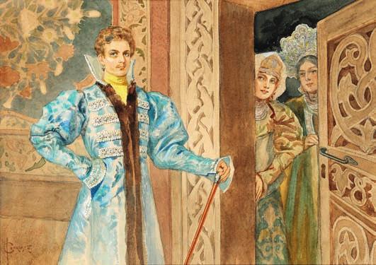 704 704 SERGEJ SERGEEVICH SOLOMKO b. St. Petersburg 1867, d. Sainte-Geneviève-des-Bois 1928 A young bojar dressed in a blue kaftan, admired by two Russian ladies standing in the doorway.