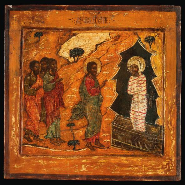 732 732 NOVGOROD SCHOOL, C. 1600, ATTRIBUTED TO A rare large Russian icon showing the Raising of Lazarus. Christ making the sign of Blessing and raising Lazarus from the tomb in a mountain cave.