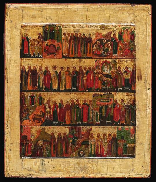 742 742 MOSCOW SCHOOL, 18TH CENTURY, ATTRIBUTED TO A Russian calender icon depicting Saints and Feast days in four registers. Tempera on wood panel with double kovcheg.