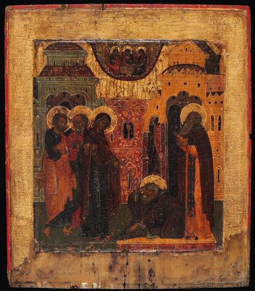 754 754 RUSSIAN ICON, 17TH CENTURY A Russian icon showing the Virgin appearing to Saint Sergius in front of an architectural background.