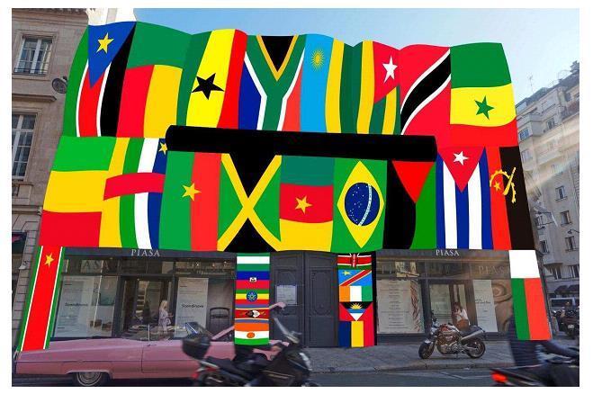 Edwige Aplogan : The African Continent in situ The Benin artist Edwige Aplogan envelops the main buildings of Benin linked to the history of African independence, covering them with all the flags of