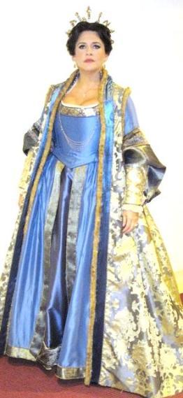 Anna Bolena Act One ADD: Gold sheer brocade robe w/blue lining and gold fur and blue velvet trim Gold wire and beaded