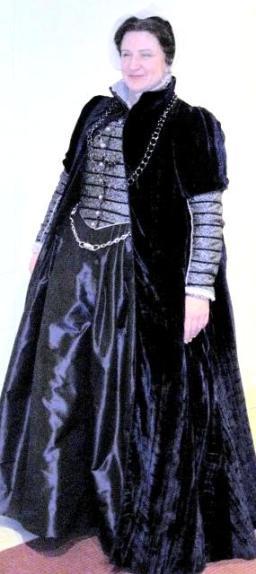 organza Tudor bonnet w/chiffon veil Black character shoes Female Chorus #9 as LADY of the COURT White corset Off-white hip roll Black dress shields (one pair) Charcoal silk bodice w/off-white