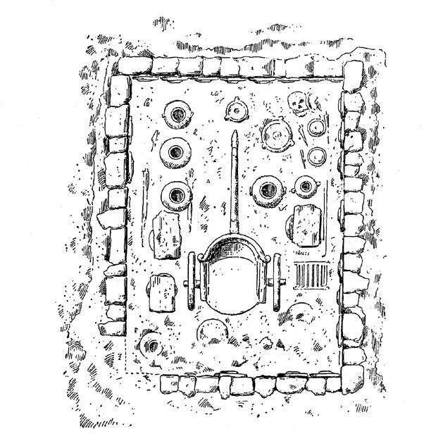 I.10 Plan of the gravesite of the Monteleone Chariot Tomb, also indicating the location of the house of Isidoro Vannozzi. Drawing: Angiolo Pasqui, 1907 (from Minto 1924b) I.