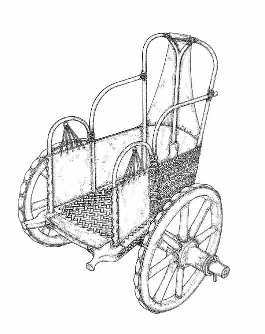 14 The war chariot from Vulci as reconstructed for the exhibition Carri da guerra e principi etruschi (Emiliozzi 1997, p. 130, fig. 16).