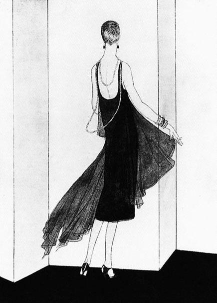 Chanel evening dress in black mousseline de soie, accessorized with pearls, 1925.