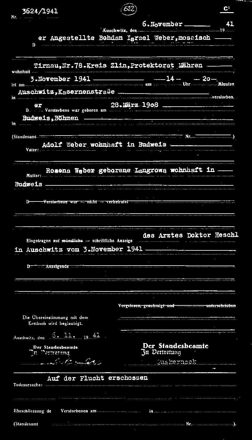 18 ` Death record for Bohdan Israel Weber, who died November 6, 1941 16 Report on