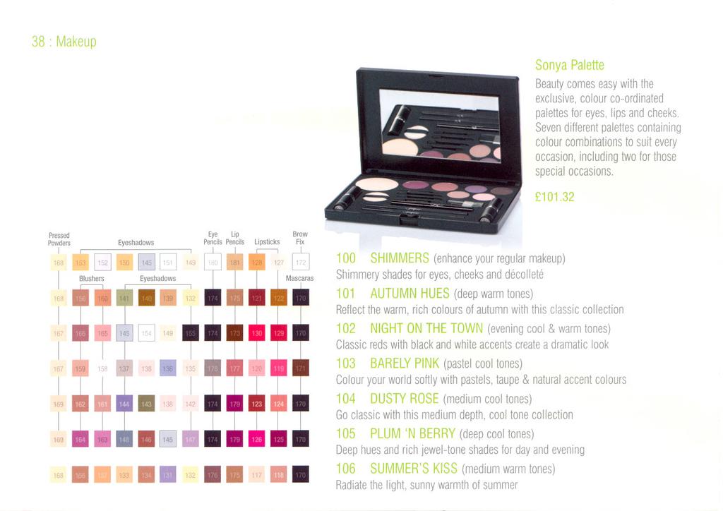 38 : Makeup Sonya Palette Beauty comes easy with the exclusive, colour co-ordinated palettes for eyes, lips and cheeks.