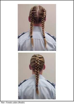 Braids, if worn, shall be styled conservatively and tied tightly; secured at the end by a knot or a small-unadorned fastener. A single braid shall be worn in the centre of the back.