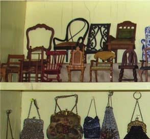 Doll size purses, mirrors, and miniature chairs make
