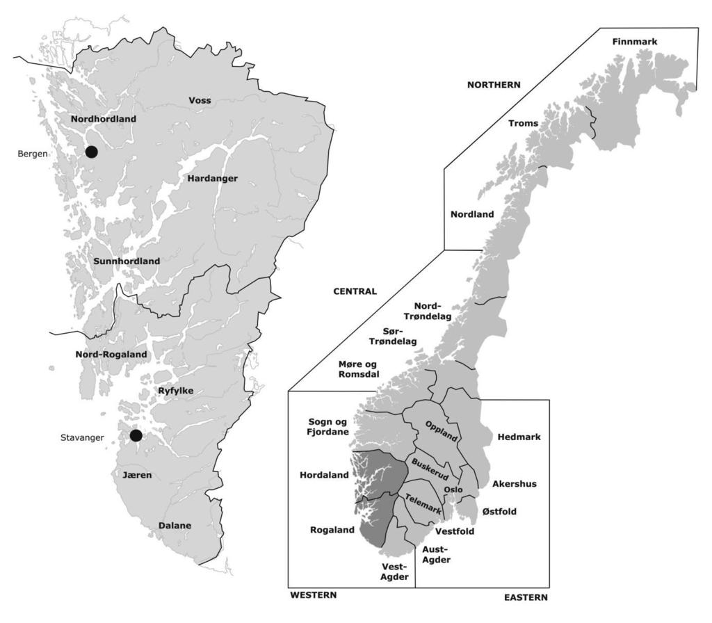 8 Fig. 1.1. Maps of the landscape districts in Hordaland and Rogaland, and the Norwegian geography with administrative units (counties) and regions.