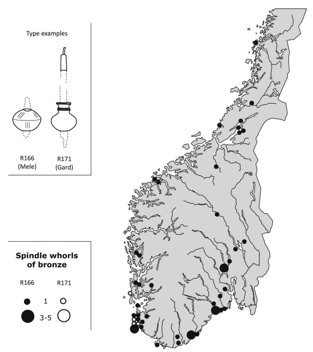 120 Fig. 5.13. Map of bronze spindle whorls in Norway, with examples of types R166 and R171 illustrated with whorls from the study area.