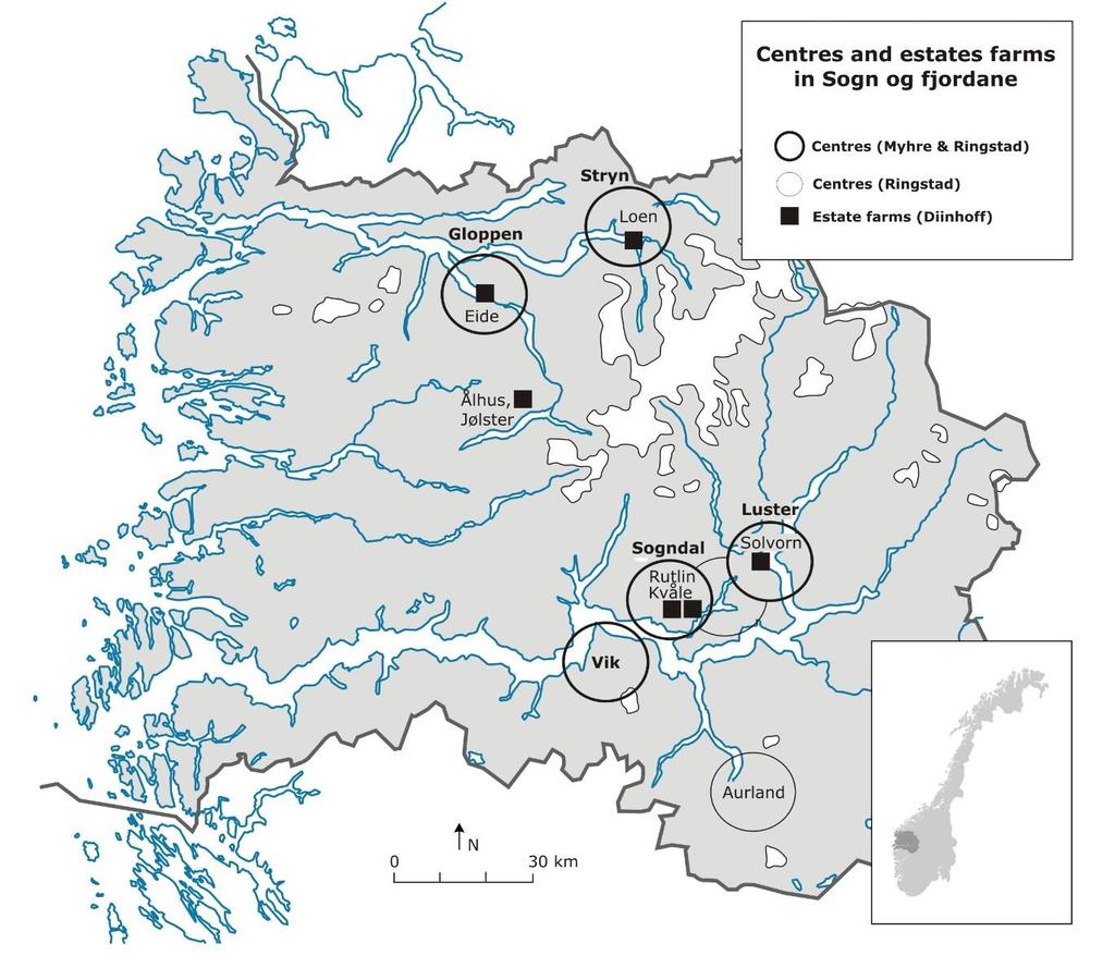 157 Fig. 6.1. Map of assumed centres and excavated estate farms in Sogn og Fjordane. Only the six farms excavated by Diinhoff is included in this figure.