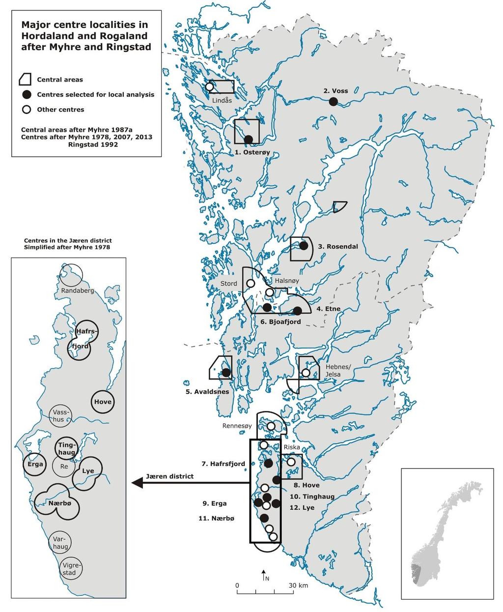 14 Fig. 1.4. Map of major centres in Hordaland and Rogaland, as identified by Myhre (1987a) and Ringstad (1992) (cf. Figs. 3.2 and 3.6).
