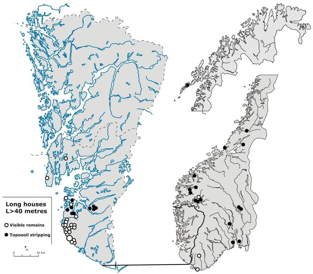 163 Fig. 6.2. Map of early Iron Age longhouses >40 metres long in Norway.