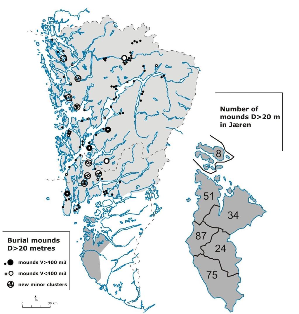 167 Fig. 6.5. Maps of large mounds in Hordaland and parts of Rogaland. The left map is based on Ringstad, 1986 with additional mounds from Table 6.6. The right map indicates the distribution of large mounds in Jæren (cf.