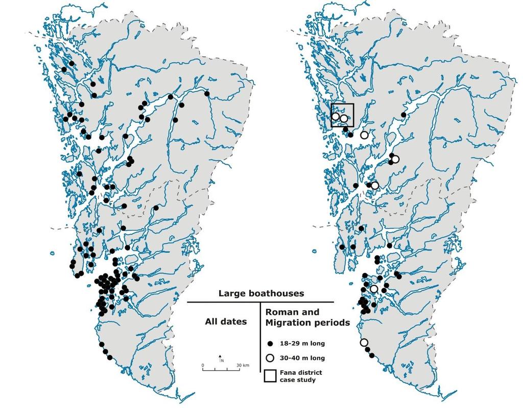 174 Fig. 6.8. Maps of large boathouses in Hordaland and Rogaland (after Grimm, 2006). To the left, all boathouse sites.