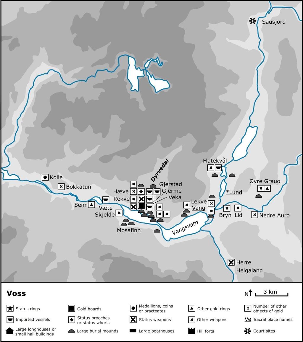 Fig. 7.5. Map of the centre locality Voss with a defined elite milieu in the Dyrvedal valley.