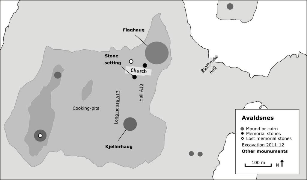 253 Fig. 7.18. Map of the central part of the farm Avaldsnes, with important monuments depicted and the location of excavated features dated to 200-550 AD indicated.