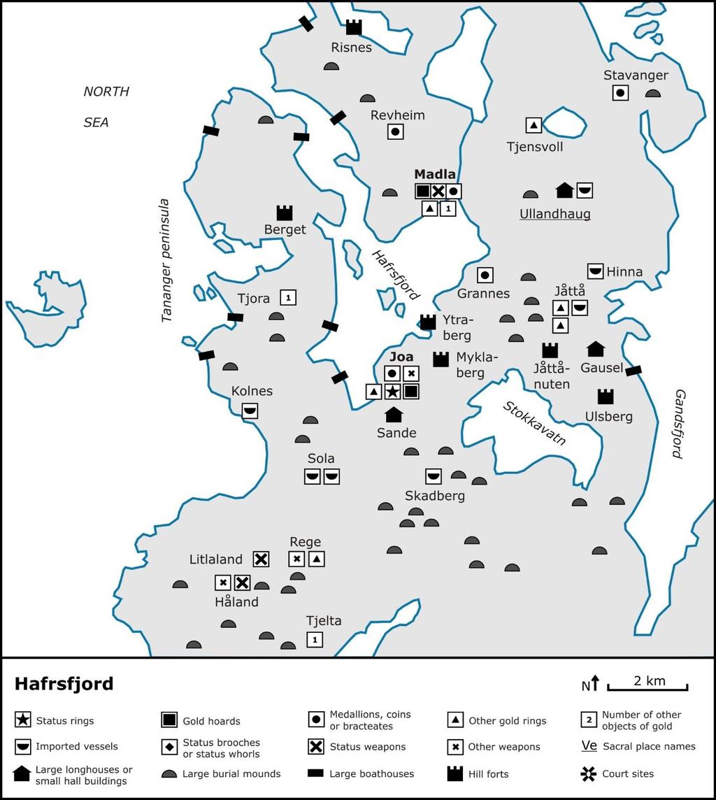 Fig. 7.28. Map of the centre locality Hafrsfjord with defined elite milieus at Madla and Joa.
