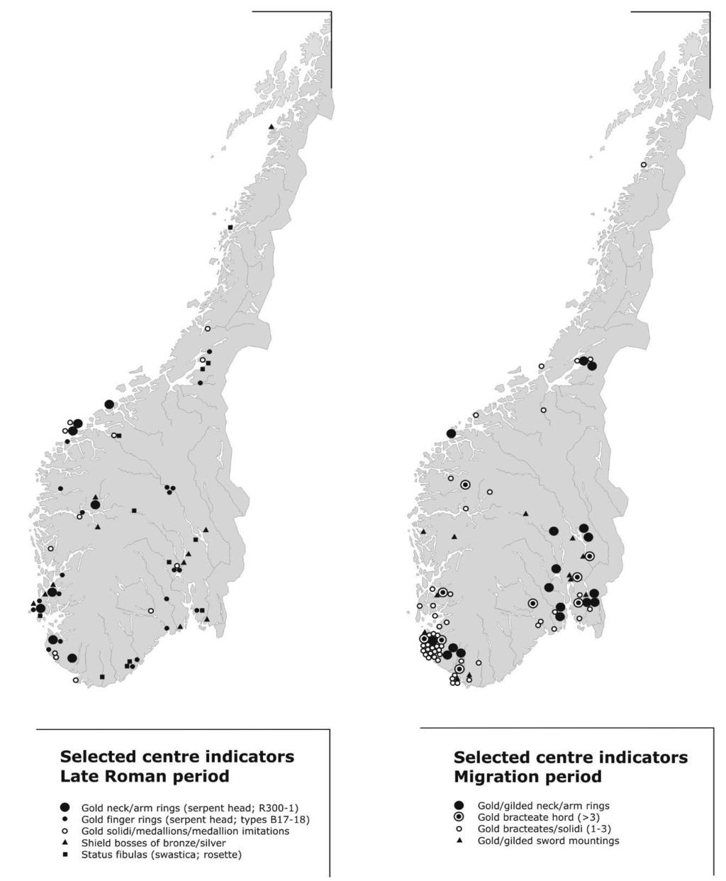 320 Fig. 8.1. Selected centre indicators of the late Roman and Migration periods in Norway. A few gold arm rings are not shown on the map due to an unspecified find spot.