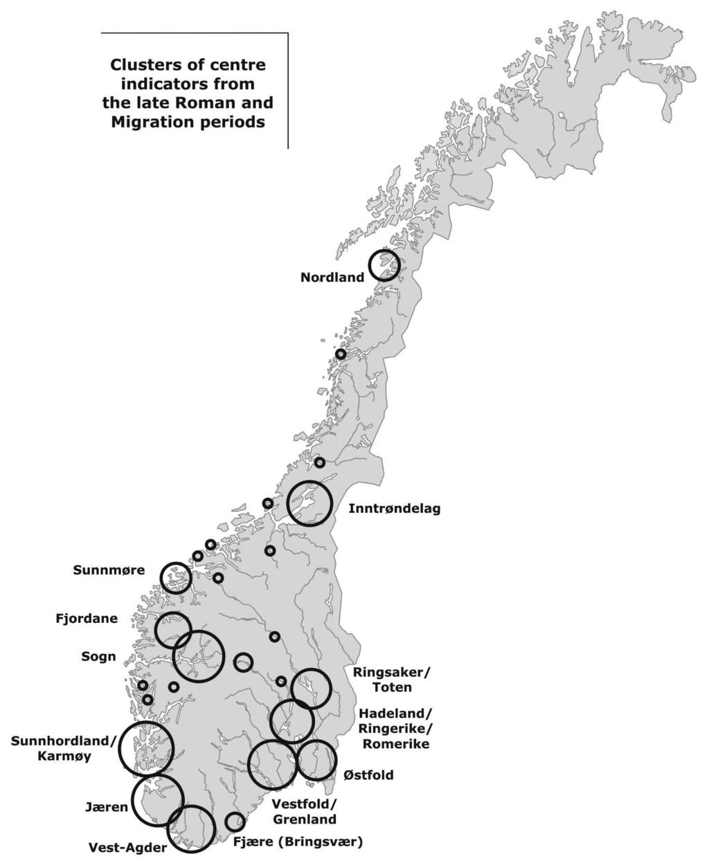 Fig. 8.2. Clusters of selected centre indicators from the late Roman and Migration periods in Norway.