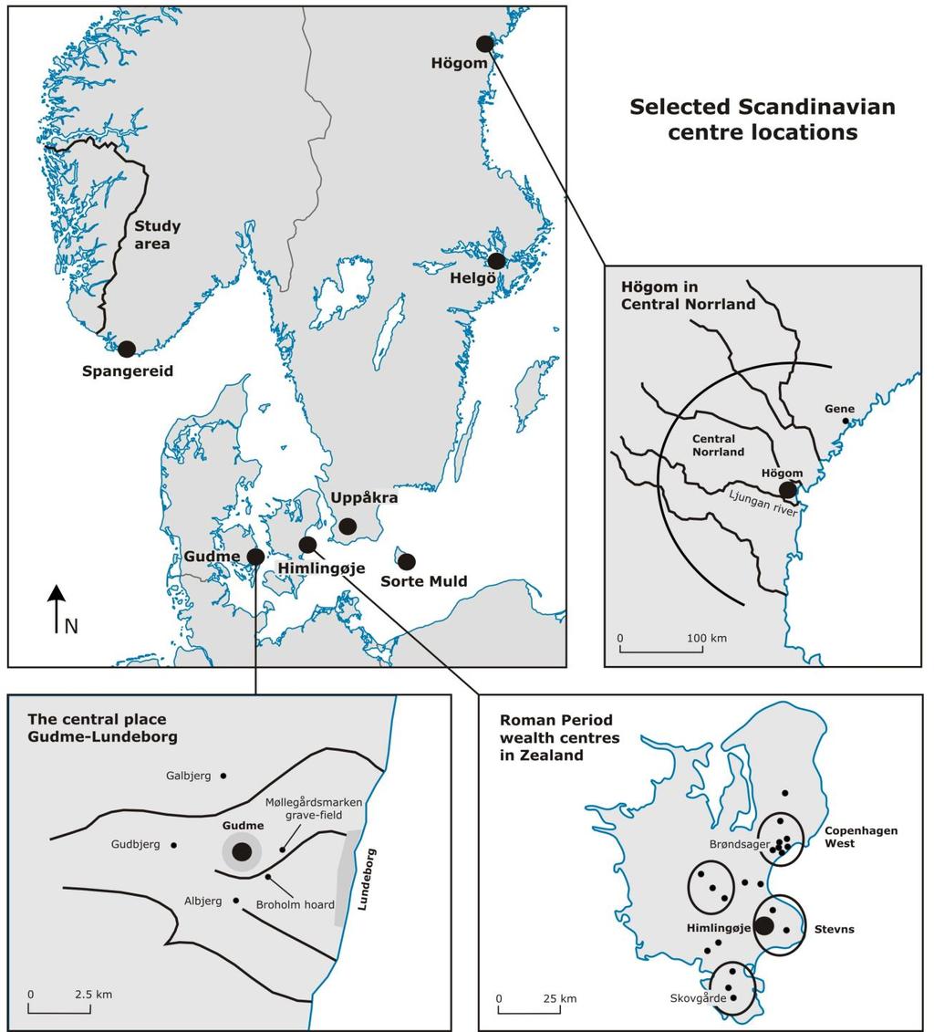 72 Fig. 4.1. Map of selected Scandinavian centre localities discussed in the text. The three maps of the areas surrounding Högom, Gudme-Lundeborg and Himglingøje show sites mentioned in the text.