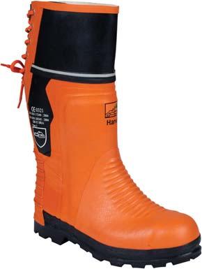 Oil-resistant outer sole and heel with energy absorption design (E) that is also resistant to mild acids and alkali. Polyamide reinforced chainsaw protection layers. Steel toe.