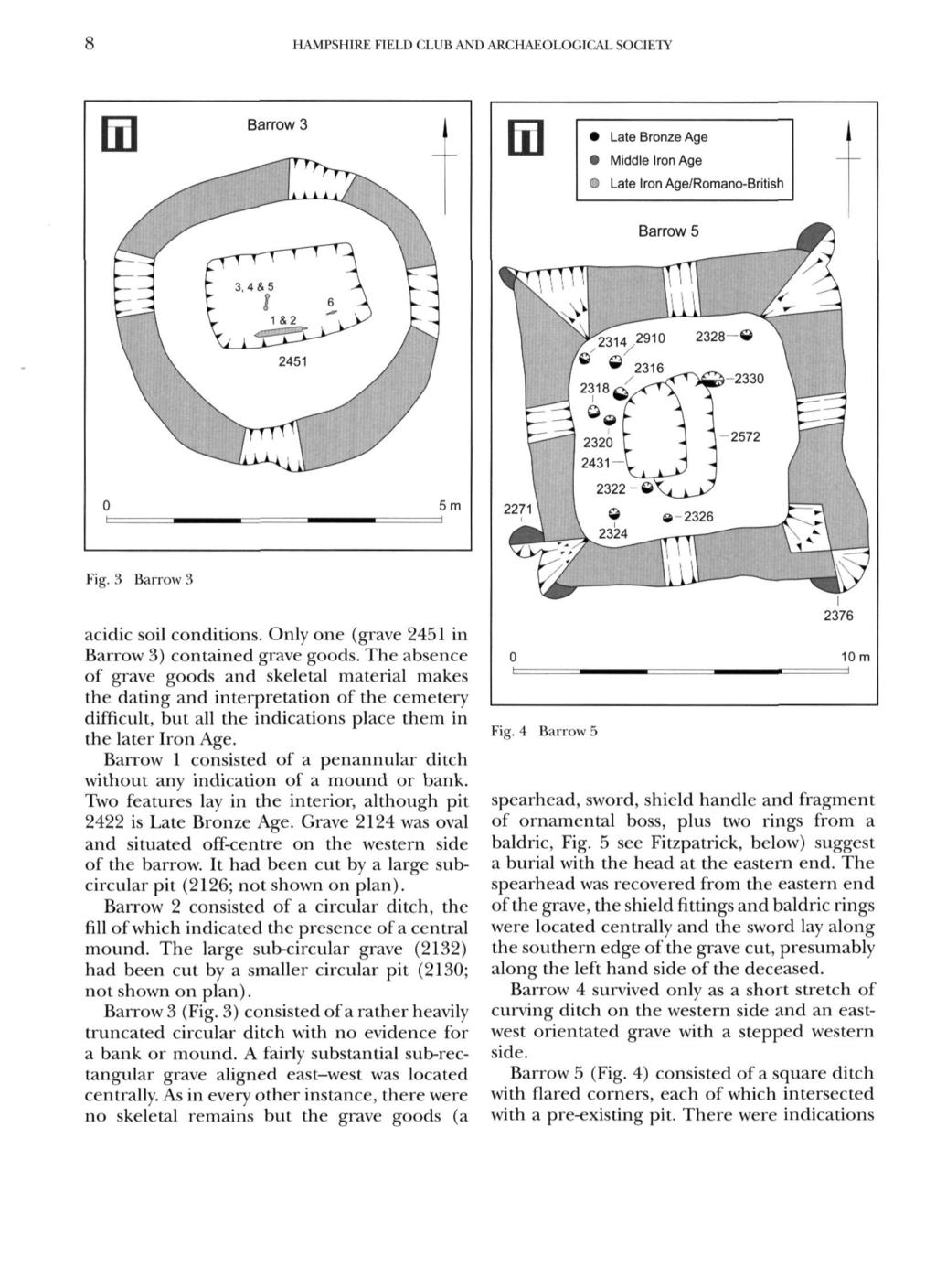 8 HAMPSHIRE FIELD CLUB ARCHAEOLOGICAL SOCIETY Fig. 3 Barrow 3 acidic soil conditions. Only one (grave 2451 in Barrow 3) contained grave goods.