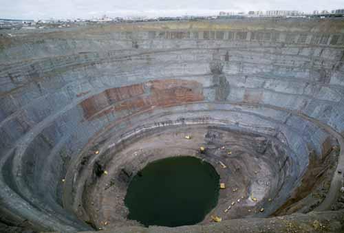 Figure 12. The Mir pit in Yakutia, which ceased open-pit mining in 1998, was the first major diamond mine to be developed in what was then the Soviet Union.