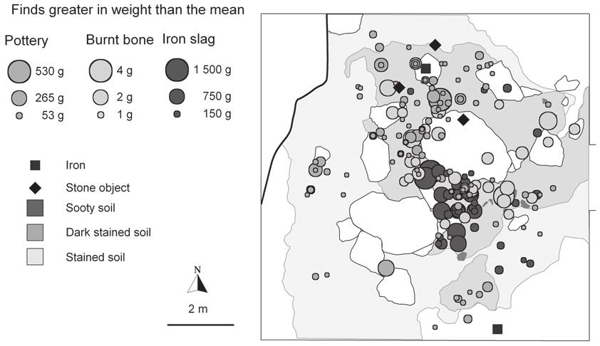 Figure 9. Cairn 5 and its finds distribution. S. Koivisto and M. Haimila. OTHER STRUCTURES Cairn 5 lay on the southeastern edge of the hill (Figs. 4 & 9).
