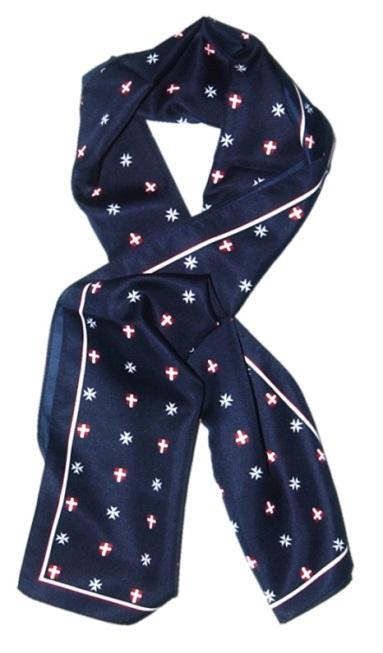 SCARF The Scarf of the Order is a rectangular navy blue scarf having a pattern of a white Cross 