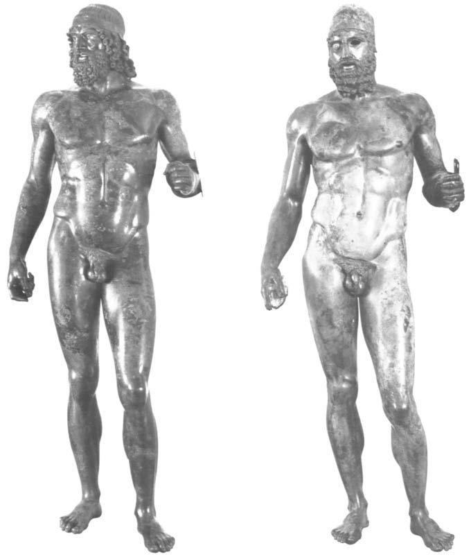 The so-called Riace Bronzes are of the classical fifth-century style, men of commanding presence and of action [FIGURES 13, 14]. They are physically strong, but they are not athletes.