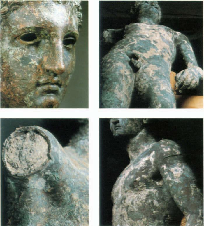 Figures 15-18 The Victorious Youth. Clockwise from top left: Detail efface, showing damage inflicted during the first cleaning. Detail of body before thorough cleaning; right arm removed.