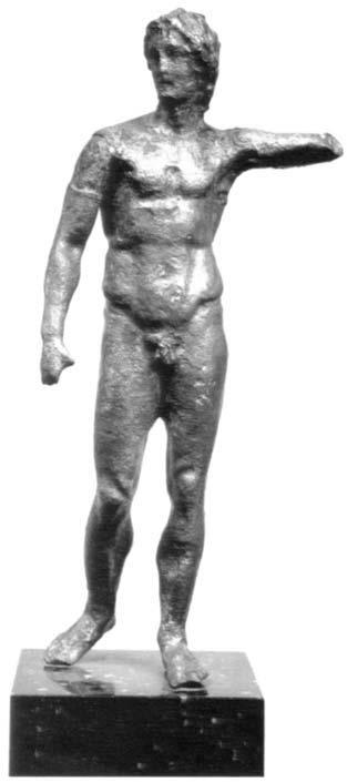 fifteen. The stance, the three-dimensionality, and what is termed a Peloponnesian handling of the anatomy are used to pinpoint the work as a Lysippan original of approximately 340 B.C.