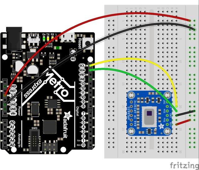CircuitPython Wiring & Test I2C Wiring Connect Vin to the power supply, 3-5V is fine. Connect GND to common power/data ground Connect the SCL pin to the I2C clock SCL pin on your Feather or Metro M0.