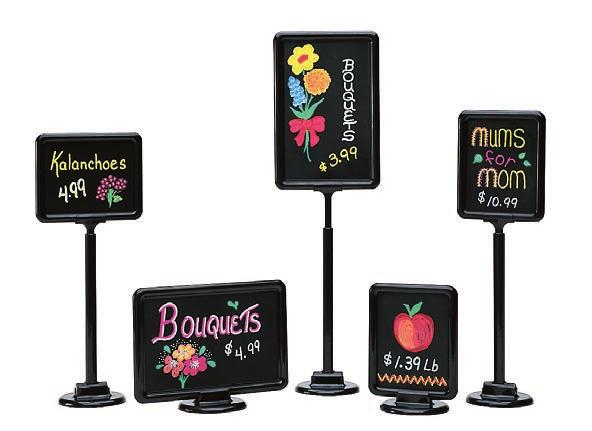11 SIGNAGE & ACRYLIC RISERS CLASSY SIGN HOLDERS A versatile signing system. Can be used in a vertical or horizontal format with or without the adjustable stem. Stem adjusts to 22" high.