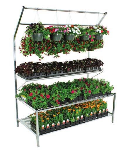 75"h Holds up to 15 (1020-style) flats and 6 (10") hanging baskets.