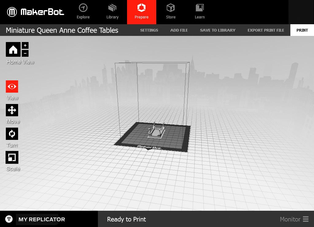 ABOUT MAKERBOT DESKTOP THE PREPARE SCREEN 1 7 8 9 10 11 12 2 3 4 5 6 13 1. +/ Click the Plus and Minus buttons to zoom in and out.