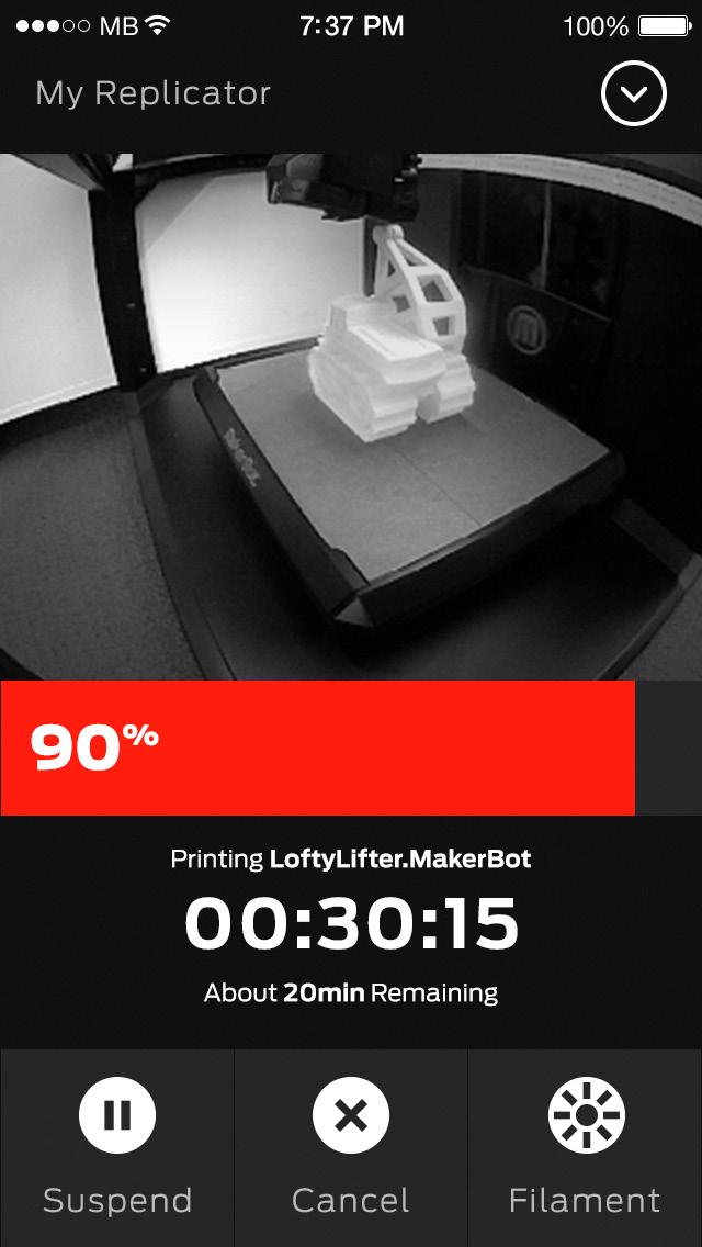 monitor your prints via the onboard camera MakerBot Mobile also gives you access to your MakerBot Cloud Library and all of Thingiverse.