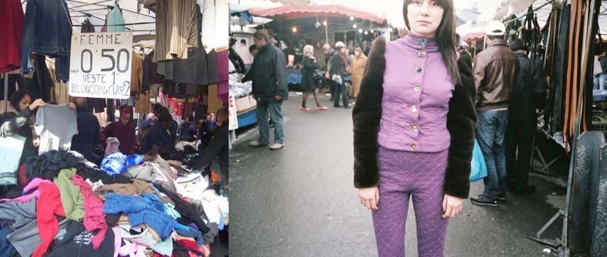 new fabric. Some features of the original jumpers, such as pockets, buttons, or ribbing were incorporated into the new garment designs. Left: Paris flea market.