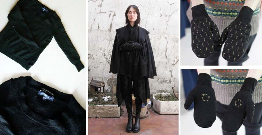 Centre: Cape, dress, tights, and gloves from The Glam and the Gloom collection. Right: Gloves made from jumper fabric, hand printed. Photos: Maison Briz Vegas 2012.