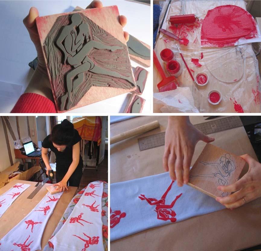 Block-printing process, The Wasteland collection. Photos: Carla van Lunn, 2011. Van Lunn printed the garments using blocks that she carved herself from old linoleum.